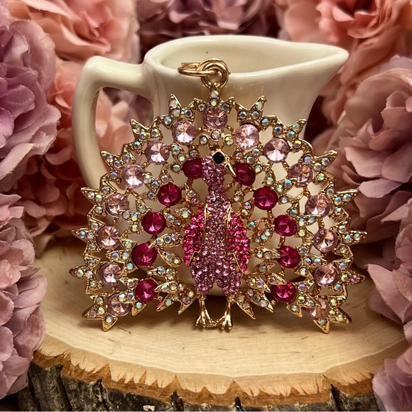 Beautiful Pink Crystal Peacock Keychain Charm - Picture 5 of 14